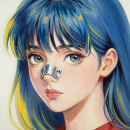 prompt : girl, blue and yellow hair, metal band aid in her nose, soft light painted by james jean and katsuhiro otomo and erik jones, inspired by akira anime, smooth face feature, intricate oil painting, high detail illustration, sharp high detail, manga and anime 1 9 9 9