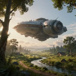 scenery of a beautiful rural landscape at dawn with a big hovering steampunk space ship, in the style of simon stalenhag. light rays from the tree tops, small river on the ground, hypermaximalistic, high details, cinematic, 8 k resolution, beautiful detailed, insanely intricate details, artstation trending, octane render, unreal engine