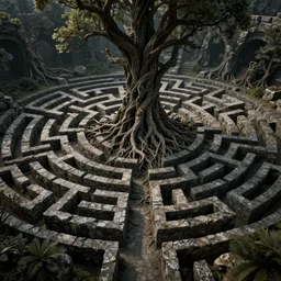 tall, root - gnarled stone labyrinth maze and trees, dark, volumetric lighting, 8 k octane beautifully detailed render, post - processing, extremely hyper - detailed, intricate, epic composition, cinematic lighting, intricate, trending on artstation, stunning art by anders zorn, wonderful masterpiece by ken kelly