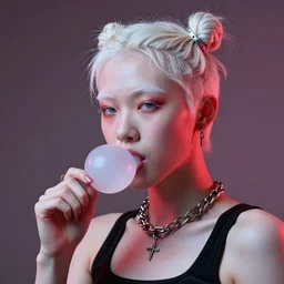 beautiful defiant albino asian woman chewing delicious gum, photograph, award wining, red and white, cool composition, trending on artstation, punk attitude, 4k, unreal engine 5, octane render, neon highlights
