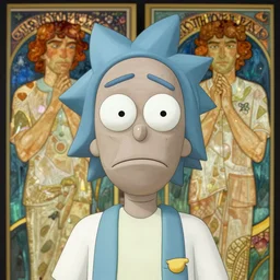 concept art by artgerm, amazingly beautiful portrait of a hyper realistic, frowning, sad rick sanchez by greg rutkowski, artgerm, alphonse mucha, concept art, octane render, highly detailed, high quality, 8 k, soft lighting, path traced, and uang guangjian and gil elvgren, symmetry!!
