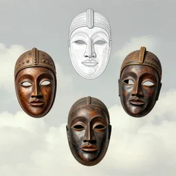 3 yoruba masks falling from the sky, outline drawing, magritte, hyperrealism, award winning