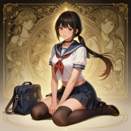a mobile game concept art by artgerm and greg rutkowski and alphonse mucha. in the cartoon style of honor of kings!! full body!! clear portrait of a squatting attractive japanese school girl in uniform!! sit on floor!! knee length stockings ， school bag, light effect. hyper detailed, character concept, glowing lights!! intricate, elegant, digital painting, artstation, smooth, sharp focus
