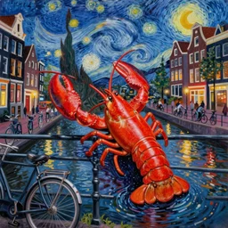 a very detailed acrylic painting of a big red lobster being lost in the amsterdam canals surrounded by old bikes and amsterdam houses at night with romantic city light ambiance and a starry sky painting by vincent van gogh but it is james jean