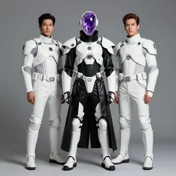 ulzzang with white sci - fi tactical gear, black leather garment, purple transparent crystal cybernetic hood, full shot fashion photography, by irving penn and storm thorgerson, ren heng, peter elson