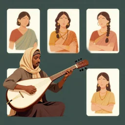 sri lankan lute player playing the lute, wearing a head scarf, victo ngai, kilian eng, lois van baarle, flat