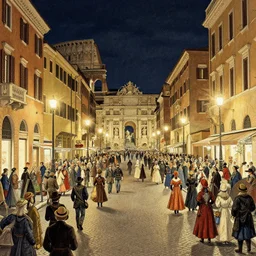 streets of rome during carnival at night in 1 7 9 9, painted in the style of panini, with crowds carrying small torches, trying to extinguish those of the neighbors, everybody masked, crowded decorated and lit balconies, great joy and mess