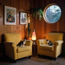 1970s interior magazine photo of two yellow armchairs with a glowing lava lamp next to it, at dusk, with kittens, wooden walls with framed art, and a potted cactus and some hanging plants, with dappled light coming in through a circular window