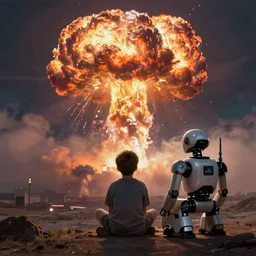 a boy and a robot sitting and looking a nuclear explosion smoke mushroom from far away by ismail inceoglu