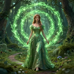 princess of the forest, glowing green spiral background, path traced, octane render, highly detailed, high quality, digital portrait by artgerm, hd, alphonse mucha, tom bagshaw