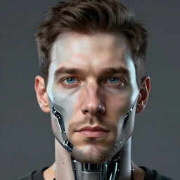 portrait of a man with a robotic face,digital art,hyperdetailed,detailed face,photorealistic,professional lighting,studio camera,50mm lens,art by trevor henderson,artstation,deviantart