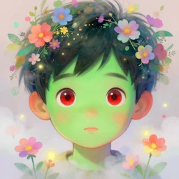close pixar head potrait of an cute little japanese boy, a boy's face in paint, the boy has scarlet eyes, the boy is green, there are colorful fairy flowers and fog around the boy, fireflies around the boy, pastel palette, illustration by james jean, rene margitte, ha gyung, bright colors, detailed, digital painting,