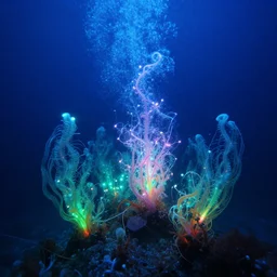 an underwater alien ocean, filled with bioluminescence, twirling glowing sea plants, neon colors, and a mystical misty glow, ethereal, detailed