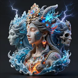 3 d ornate carved goddess with tattoos profile portrait, sigma 5 0 0 mm f / 5. beautiful intricate highly detailed quetzalcoatl skull. bioluminescent, plasma, lava, ice, water, wind, creature, thunderstorm! artwork by tooth wu and wlop and beeple and greg rutkowski, 8 k trending on artstation