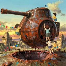 memorable animation key shot, vanishing point, kids climbing up the giant bulbous rusty yamato schwerer gustav!!!!, colorful bunting, impact crater, flags, dripping paint, grafitti!!, rust, ghibli, fortress, by mandy jurgens, by satoshi kon, ilya repin, lena aenami, shinji kimura, golden hour