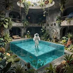 Victor Brauner, minimalistic, hyperrealistic surrealism, award winning masterpiece with incredible details, epic stunning, infinity pool, an astronaut alone inside an empty dark flooded ballroom overgrown with aquatic plants, highly detailed, trending on ArtStation, artgerm and greg rutkowski and alphonse mucha, daily deviation, IAMAG