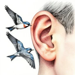 birds flying into an ear, 7 0 s palette, stipple shading, black ink lines, colorful