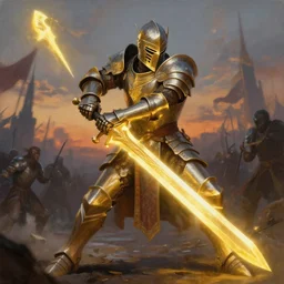 A highly detailed matte acrylic painting of a heavily armored paladin wielding a very bright glowing gold sword, fighting in a huge battle at dusk, concept art, trending on artstation.