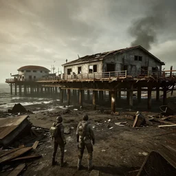 Santa Monica Pier in ruins post-nuclear war in Fallout 4, in game screenshot