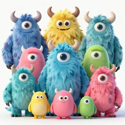 concept sheet of cute colorful 3 d family monster characters for kids assisting a concept machine style by hayao miyazaki, big eyes, simple smooth shapes and forms, reflective like candy, masterpiece, award - winning, intricate concept art, 8 k, artstation