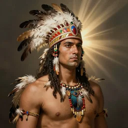 portrait of a man, front view, wearing ornamental feathers, tribal garb, feather jewelry, god rays, studio lighting, by bouguereau, by Peter Paul Rubens, by Luis Ricardo Falero, by Brom, fantasy character, detailed illustration, hd, 4k, digital art, concept art, trending on artstation