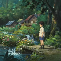 village in the woods with a flower garden near a waterfall, stone footbridge, gapmoe kuudere moody lighting stunning bokeh highlights sharp contrast | trending pixiv fanbox | by greg rutkowski makoto shinkai takashi takeuchi studio ghibli