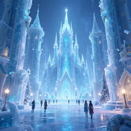 inside a magical ice kingdom city with people walking around, highly detailed, 4k, HDR, award-winning, octane render, trending on artstation, volumetric lighting