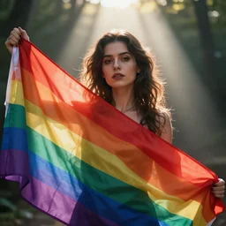photorealistic portrait of a woman!! holding the lesbian flag!!!! pretty! god rays, mysterious!