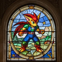majoras mask in stained glass set in an ornate wall. highly detailed image. very colorful.