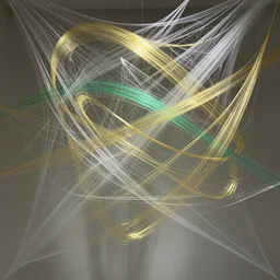 a translucent wall made of millions of thin ribbons and threads of translucent gold, silver, and green that are twisting, swirling, unraveling, and pulling apart into vast spiderweb structures, unreal engine