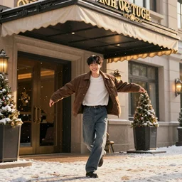 a cheerful doh kyungsoo tap dancing under a ritzy hotel awning, snow falling lightly, golden hour, highly detailed