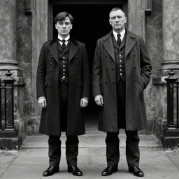 a scene from peaky blinders, medium long shot, 3 / 4 shot, full body picture of cillian murphy and tom hardy, sharp eyes, serious expressions, detailed and symmetric faces, black and white, epic photo by talented photographer ansel adams,