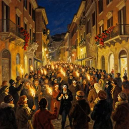 streets of rome during carnival at night in 1 7 9 9, painted in the style of henry miller, with crowds carrying small torches, trying to extinguish those of the neighbors, everybody masked, crowded decorated and lit balconies, great joy and mess
