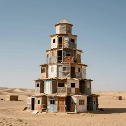 a tower made up of makeshift squatter shacks in a desert, mamiya, 8 5 mm, fine details, photographed by julie blackmon