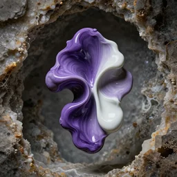 an abstract form in purple wax and delicate porcelain floating in jean prouve design in a mineral cave