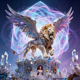 mysterious winged lion over crystal temple, infinite fractal tesseract, quantum waves, synthwave, bright neon colors, highly detailed, cinematic, eyvind earle, tim white, philippe druillet, roger dean, ernst haeckel, lisa frank, aubrey beardsley, kubrick