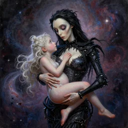 Overwhelmingly cosmicly beautiful high quality, order now, portrait painting million dollar ultra lifelike model of motherhood in the style of Tim Burton, James Gunn, Marvel Studios, Nvidia and behance, trending on artstation, academy award winning, stunning, highly detailed visual masterpiece. Motherhood and perfect human form, this art is almost indescribable due to its complexity and the sheer bravery of the artist for illustrating its complex form.