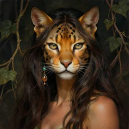 detailed portrait in femininity, shaman, feline, realistic face chiseled features, specular eyes, ethnic, statuesque model, natural skin, lush hair, warm glow, subsurface scattering, jewel, asymmetrical, chiaroscuro, organic impressionism, vine backdrop, deep rich color, digital illustration
