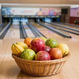 a photo of a fruit basket playing bowling