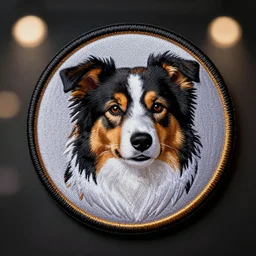 a detailed badge border collie embroidered patch, photorealistic, realistic, award winning photo, close up, closeup - view, cinematic lighting, studio lighting, beautiful lighting, advertising photography