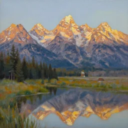 serenity at grand teton national park, oil on canvas artwork by bob ross nostalgic, golden hour