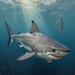 greg manchess oil matte portrait painting, a shark on land and two peolple in the sea, wonderful masterpiece highly detailed, scifi, beautiful cinematic light deep focus, elegant, digital painting, smooth, sharp focus, golden ratio, dramatic illumination, ultra realistic, 4 k, art by greg rutkowski wlop rossdraws