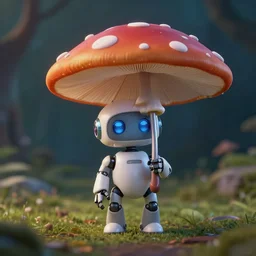 a tiny robot holding a mushroom ambrella, artstation, an epic fantasy, cinematic lighting, hyper realistic, photographic, sharp focus, by greg rutkowski and wolp, artgerm