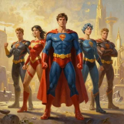 an epic painting of super heroes team, oil on canvas, golden hour, perfect composition, golden ratio, beautiful detailed, photorealistic, digital painting, artstation, concept art, smooth, sharp focus, illustration, fantasy background, artstation trending, octane render, unreal engine