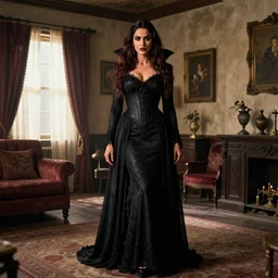 padma lakshmi posing as a vampire in gothic clothing in a rustic apartment