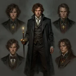 Jesse Eisenberg as a mysterious, enigmatic alchemist,  character concept art by Claudio Tumiati and Camille Kuo