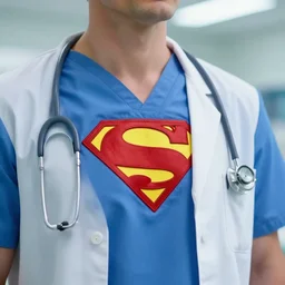 a closeup photorealistic photograph of superman style doctor dressed in medical scrubs at a hospital. bright scene. fine detail. this 4 k hd image is trending on artstation, featured on behance, well - rendered, extra crisp, features intricate detail, epic composition and the style of unreal engine.