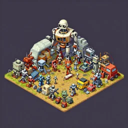 isometric view of a robot junk yard, from a lucasarts point and click 2 d graphic adventure game, art inspired by thomas kinkade
