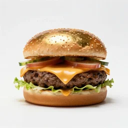 brass cheeseburger, commercial catalog photo, isolated on a pure white background, centered, entire object in frame, sharp focus, soft studio lighting