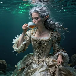 A 18th century, messy, silver haired, (((mad))) elf princess, dressed in a ((ragged)), wedding dress, is ((drinking a cup of tea)). Everything is underwater and floating. Greenish blue tones, theatrical!, (((underwater lights))),   fantasyconcept art, inspired by John Singer Sargent's Lady Macbeth
